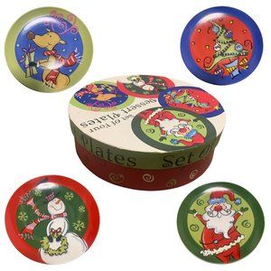 Santa’s Workbench Dessert Ceramic Plates With Case For Christmas Dining Set of 4